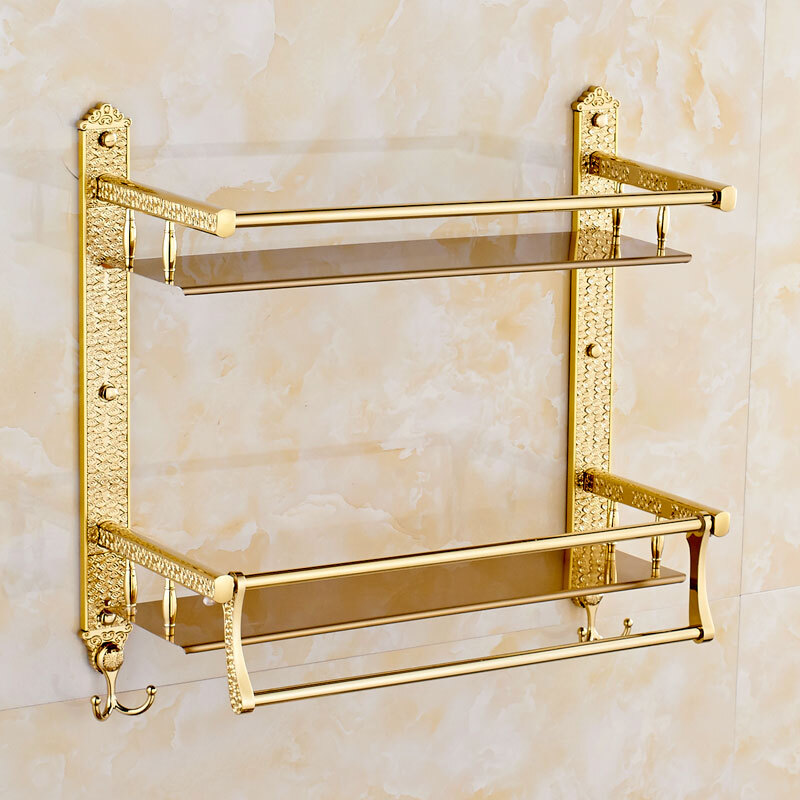 欧式花镀金色折叠浴巾架浴室五金挂件多功能置物架带钩化妆品架波迷娜BOMINA