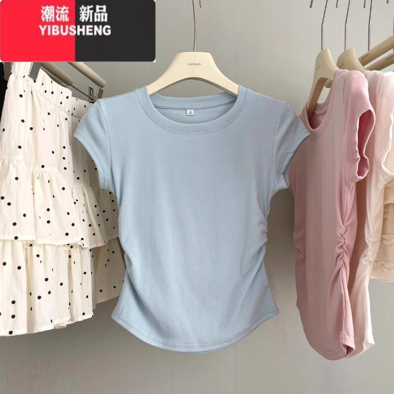 YIBUSHENGbaby蓝色正肩短袖T恤女2024季新款纯色显瘦修身褶皱收腰短上S高清大图