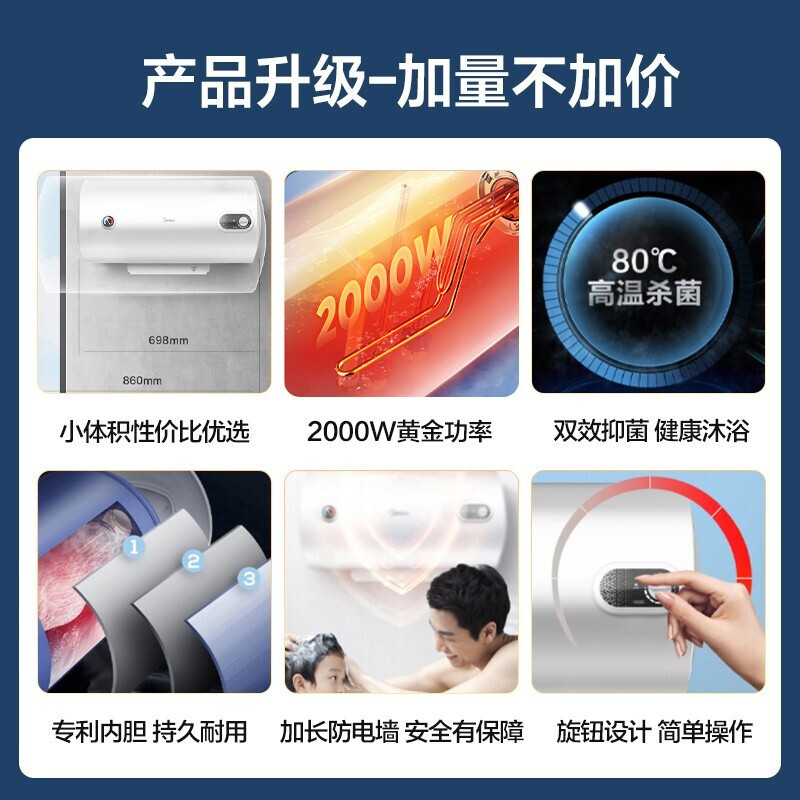 美的(Midea)热水器电热水器储水式2000W速热安全防电小型家用热水器美的洗澡机械款A3 F50-15A3(HI)