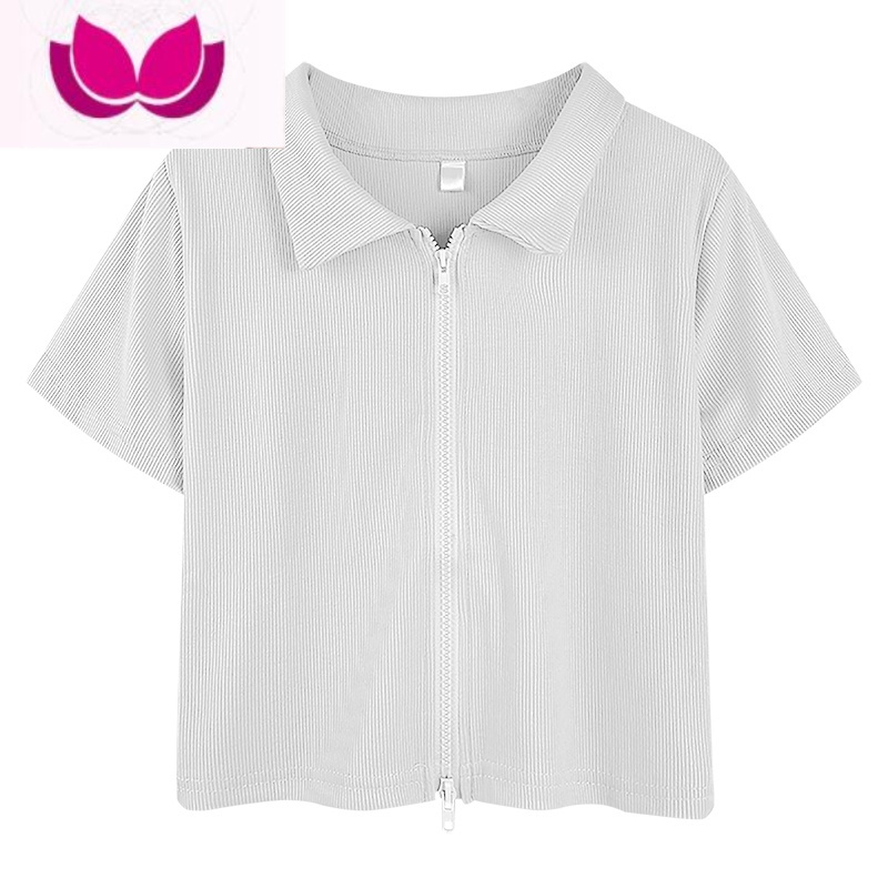 七斓短袖t恤正肩拉链短款polo领女装夏季白色显瘦小众独特辣妹上衣服
