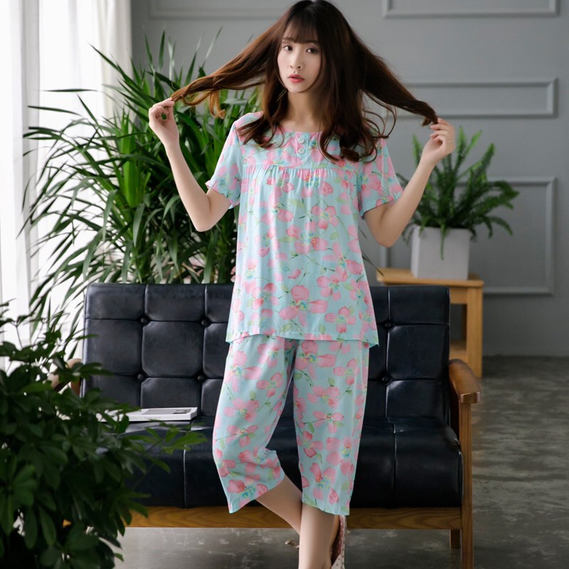 睡衣女夏装冰丝女士棉绸睡衣绵绸短袖七分中裤两件套装人造棉家服