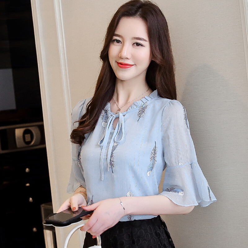 雪纺衫短袖女装2018新款夏装气质上衣服超仙飘逸洋气仙女小衫甜美