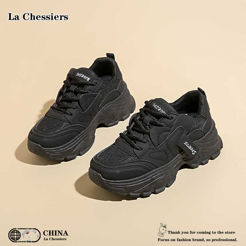 La Chessiers老爹鞋女鞋2024春秋新款网面透气厚底百搭低帮休闲运动休闲鞋 黑色 38码