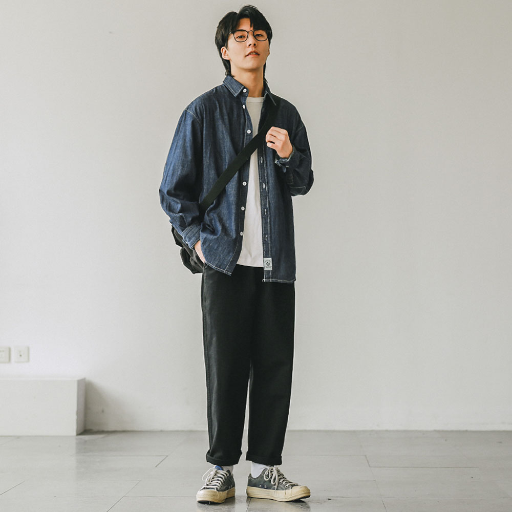SUNTEK嘿马七作日系秋装男潮流缉明线水洗休闲长袖牛仔衬衫宽松衬衣外套衬衫高清大图