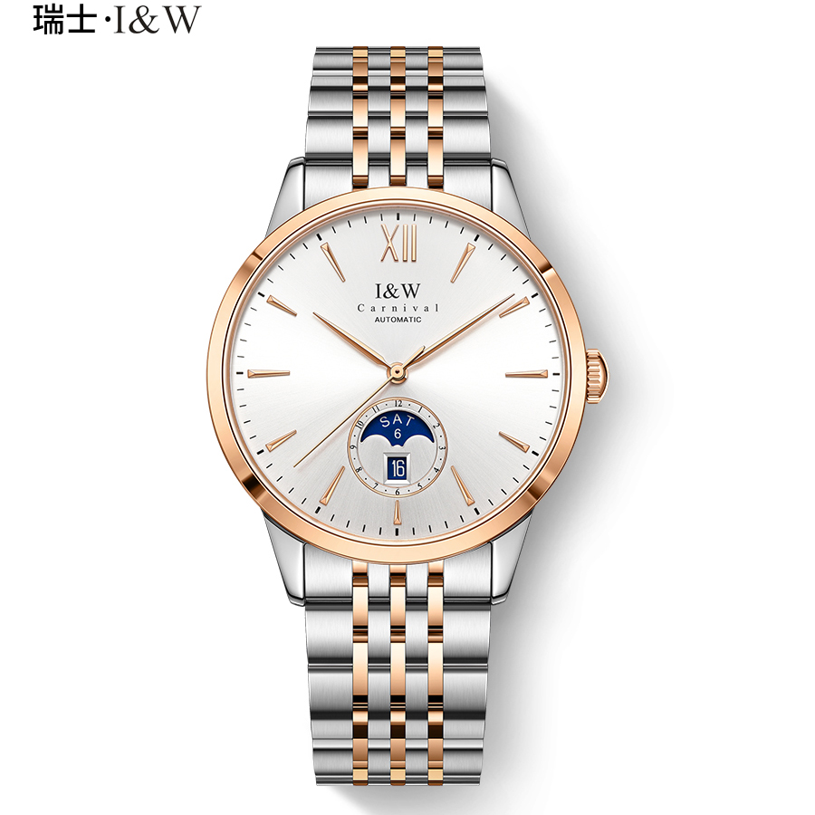 【苏有朋代言】瑞士手表爱沃驰I&W CARNIVAL自动机械表男表进口机芯个性时尚防水简约男士轻奢气质商务腕表527G 玫金白面