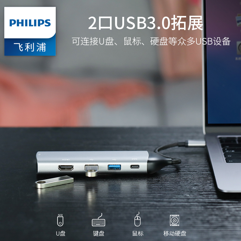 飞利浦type-c拓展坞电脑转换器 转接头笔记本扩展macbook pro苹果配件投影仪转换器