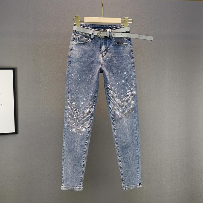 欧洲站重工烫钻紧身牛仔裤女2021夏装新款棉弹高腰显瘦九分小脚裤 浅蓝色 浅蓝色138#### S 80-93斤