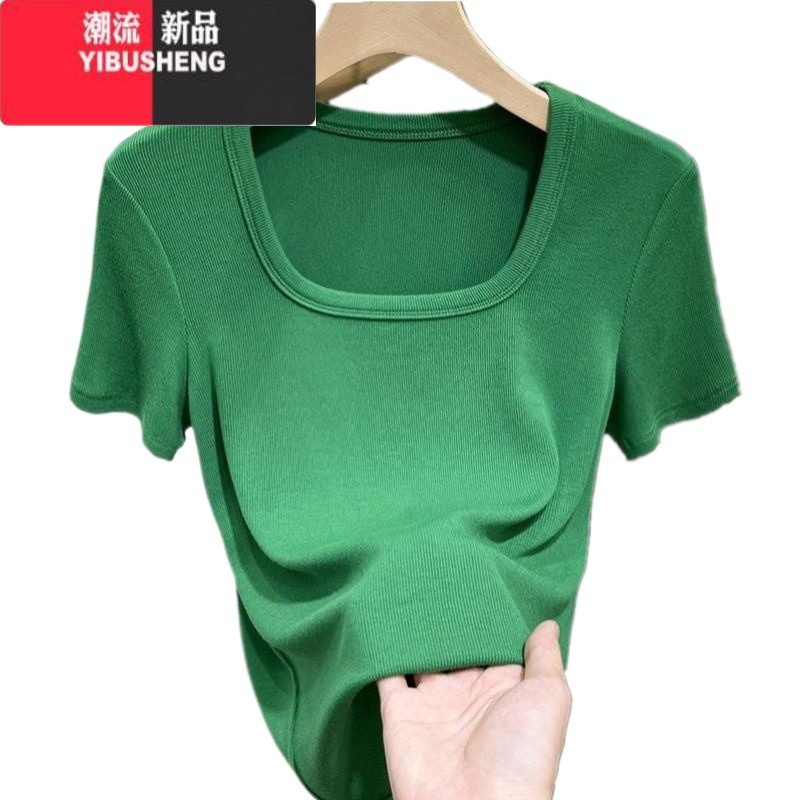 YIBUSHENG大码方领短袖T恤女装微胖mm2024新款低胸露锁骨螺纹体恤u领上衣高清大图