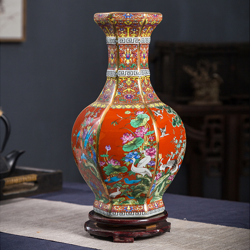 景德镇陶瓷器珐琅彩新中式客厅装饰品插花玄关仿古董摆件干花花瓶 三维工匠 橘红色小号高清大图