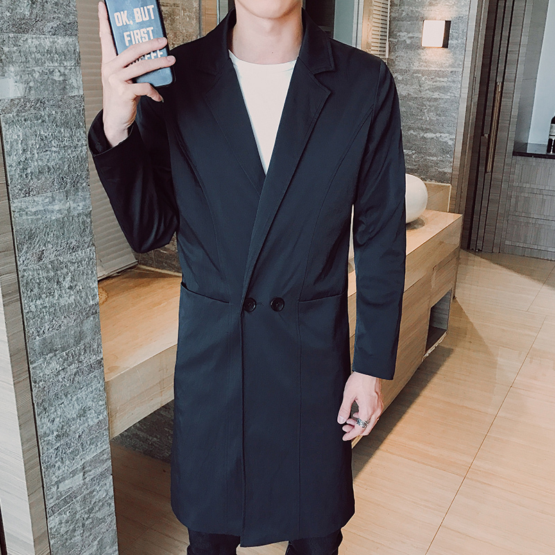 春夏新款男士风衣 2018年翻领休闲外套小西服青少年纯黑色夹克