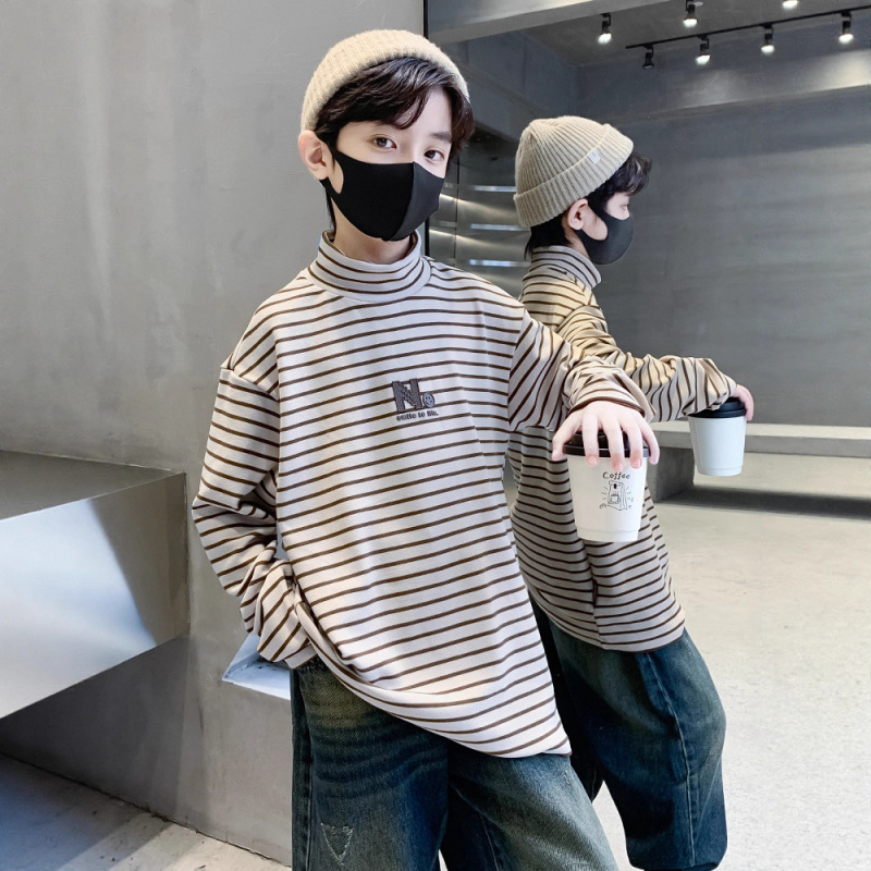 童装男童冬季条纹德绒打底衫新款儿童秋冬内搭半高领保暖上衣