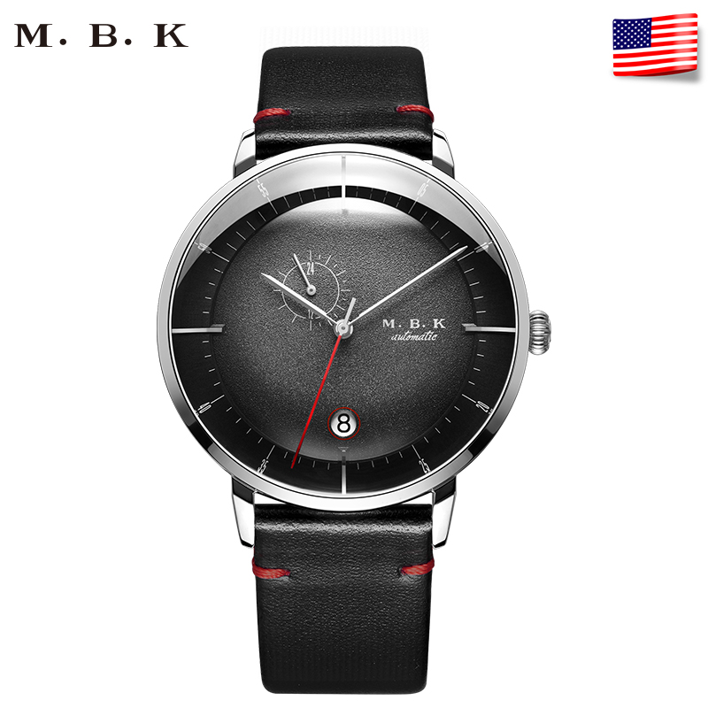 M.B.K欧美品牌男士全自动机械表 男款星球系列新款大表盘手表男小众男表简约日历腕表1008-3 黑面皮带