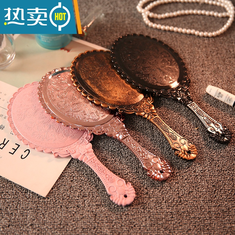 敬平创意复古花纹手柄化妆镜化妆镜子便携随身花边镜手拿手持镜 古铜色便携式用镜高清大图