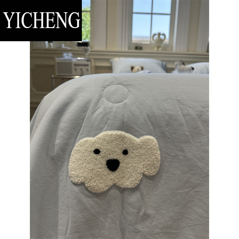 YICHENG天蓝立体卡通毛巾绣小狗狗单双人夏凉被四件套薄被子空调被全