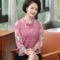 迪鲁奥（DILUAO)授权店铺2019新款中老年女秋装长袖上衣40岁-50大码妈妈薄款雪纺_958_997 紫色 L