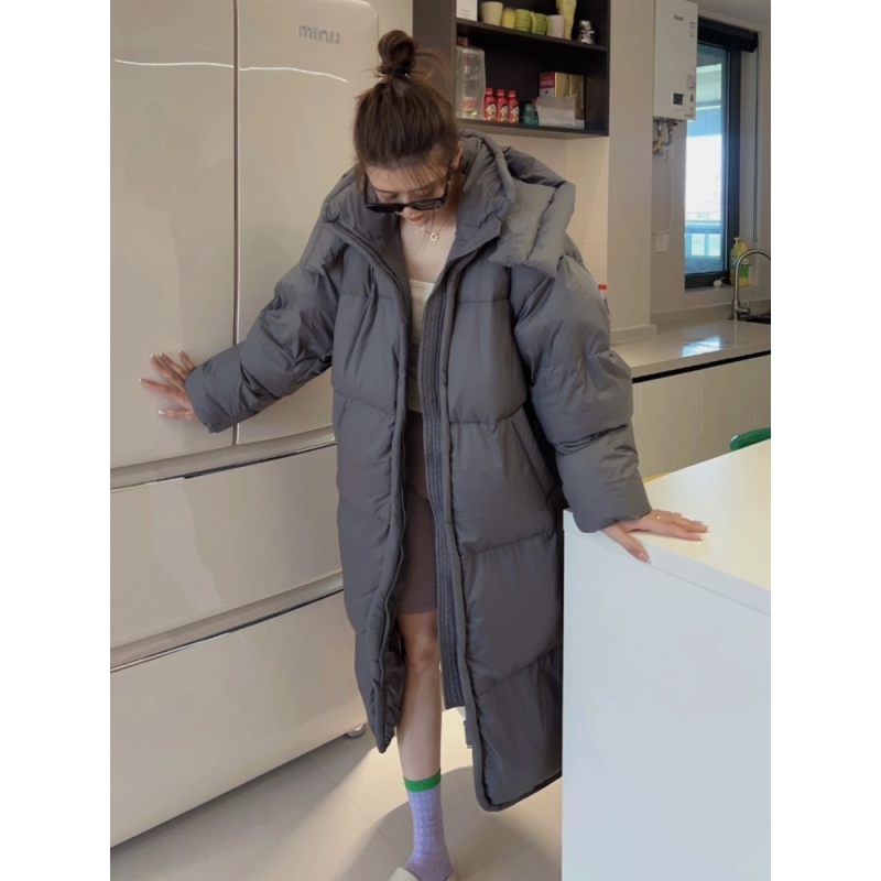 2025年新款宽松加厚棉服长款过膝连帽棉服外套时尚网红ins韩版 灰色 M（推荐105-125斤）