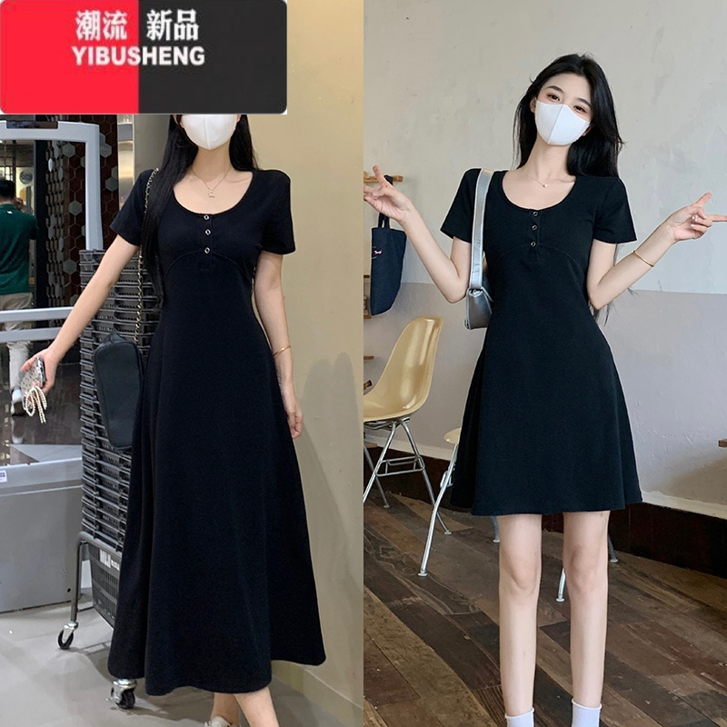 YIBUSHENG大码女装微胖MM短袖连衣裙季收腰显瘦黑色长裙小众气质包臀裙子
