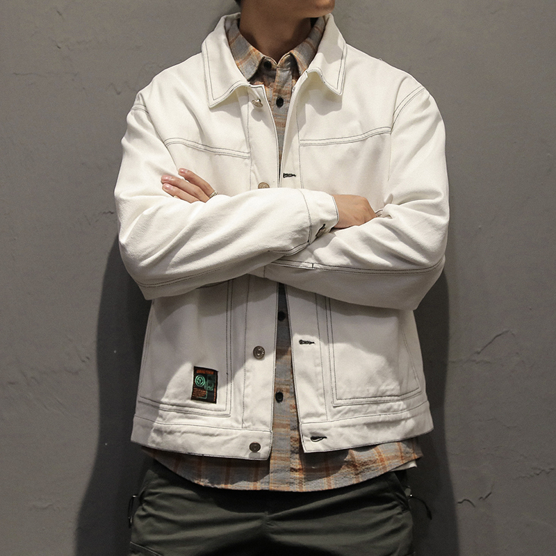 秋季牛仔外套男春秋白色休闲宽松夹克男潮牌帅气工装外套男士衣服夹克