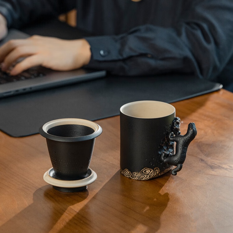 万仟堂高档办公杯 陶瓷杯男士水杯 杜虎杯黑铁釉300cc高清大图