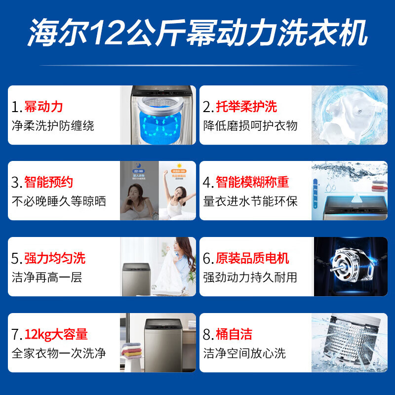 海尔(Haier)12公斤波轮洗衣机 幂动力防缠绕 全自动家用大容量安全童锁 操作简单智能预约桶自洁超净洗+羊毛洗
