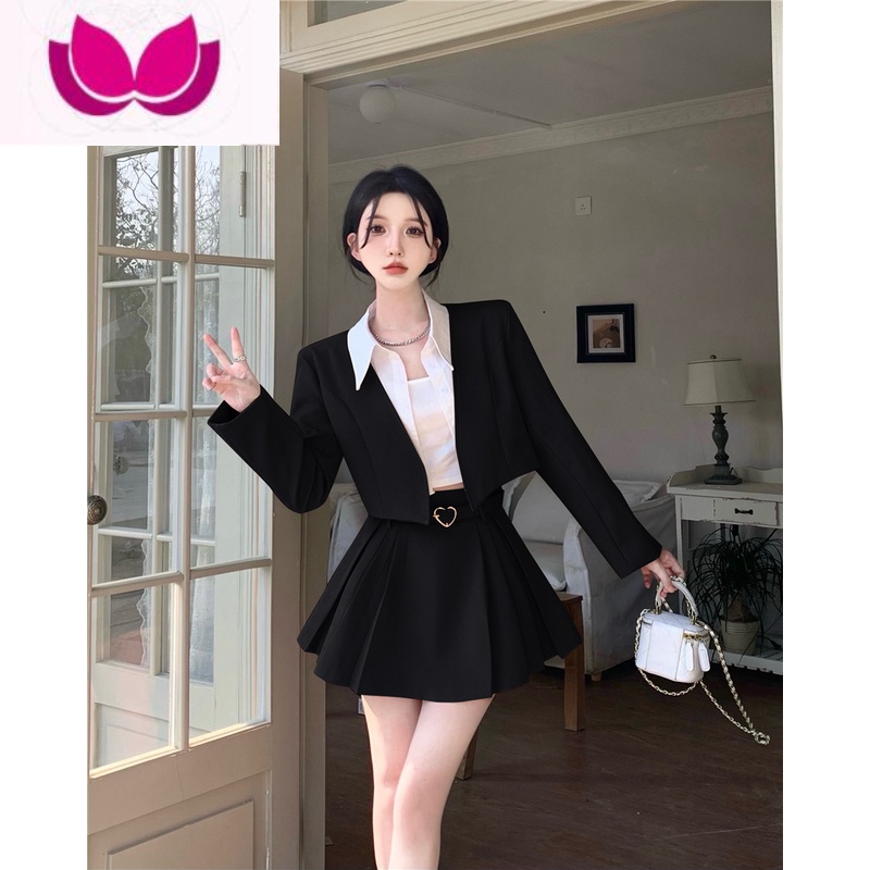 七斓网红炸街穿搭套装女装春季新款时尚西装短外套高腰百褶半身裙 S 黑色