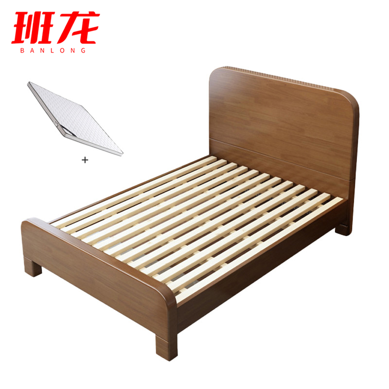 班龙实木床1米+床垫胡桃色套高清大图