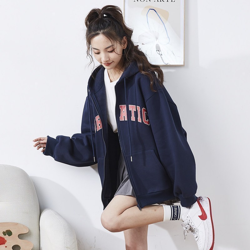 唐狮0新款短款外套女春秋连帽开衫卫衣潮ins潮宽松百搭针织衫_1 M 藏青