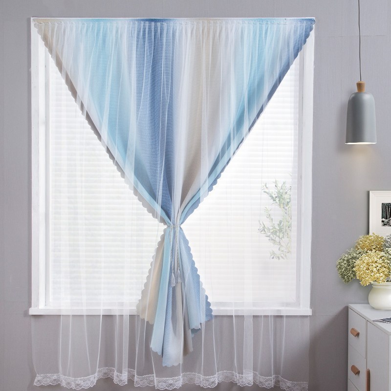 美帮汇魔术贴窗帘 免打孔安装北欧简约卧室全遮光布防晒隔热少女款 渐变蓝-带纱全遮-魔术贴 宽0.9X高1.8