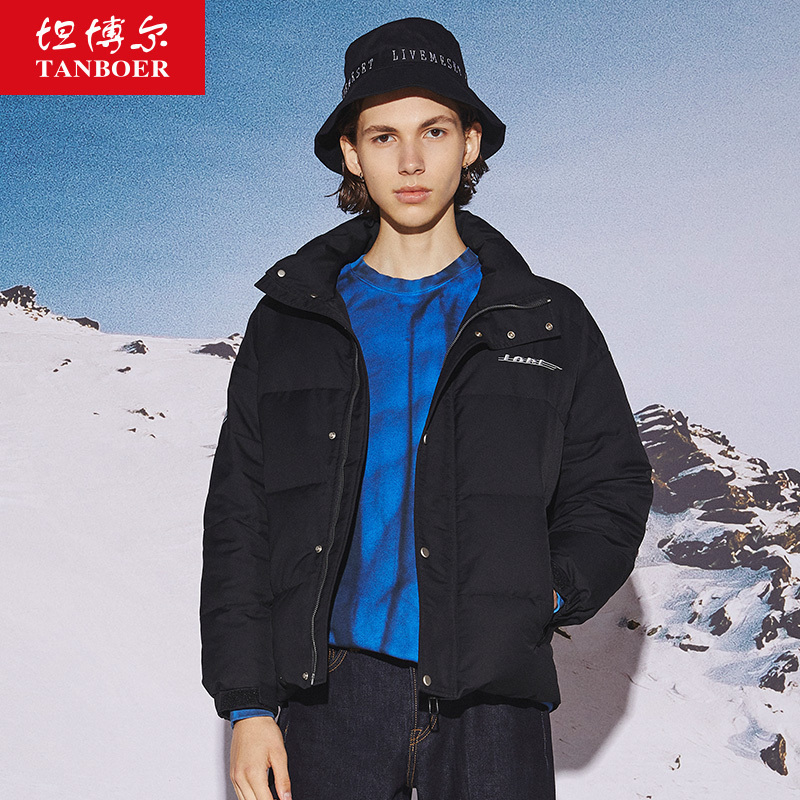 坦博尔新款印花羽绒服男短款时尚立领潮流帅气秋冬保暖外套