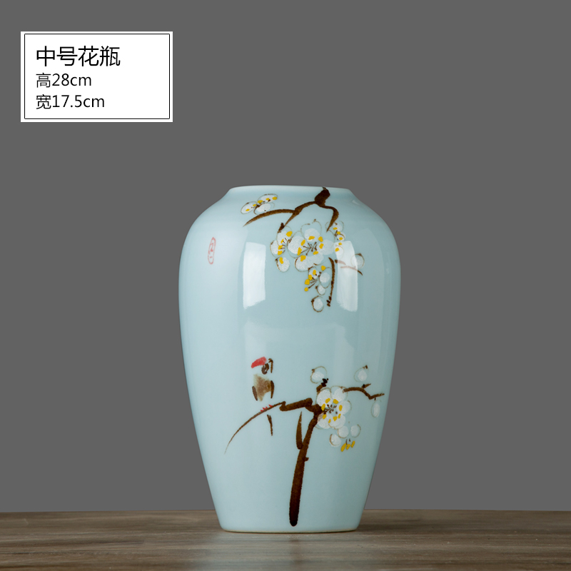 现代新中式三件套摆件景德镇陶瓷器花瓶插花禅意客厅玄关装饰品 三维工匠 [白梅红枝鸟]中号款高清大图