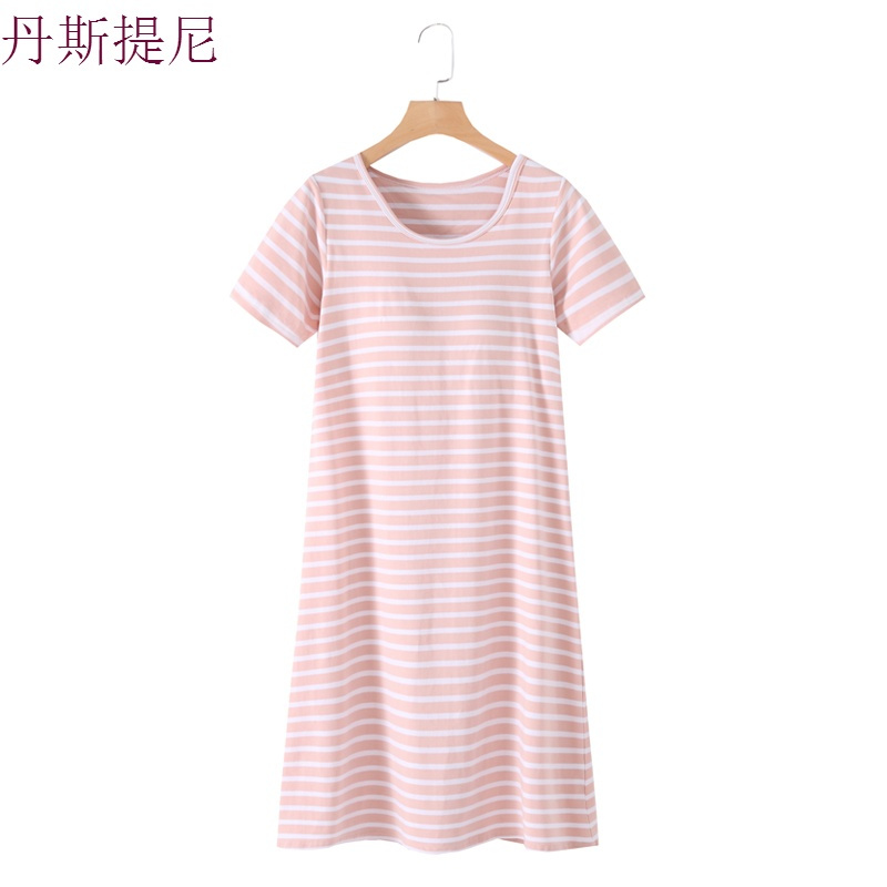 纯棉莫代尔女夏带胸垫睡裙睡衣短袖免文胸薄款宽松大码家居连衣裙