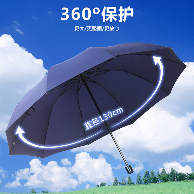 天堂伞 三折晴雨伞76cm*10骨超加大加固黑胶防晒2-3人商务大伞太阳伞 212E升级款藏青色1283高清大图