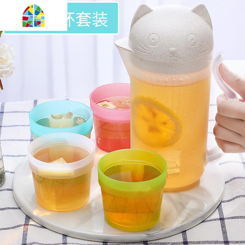 冷水壶家用塑料北欧创意简约宿舍客厅可高温耐热凉水壶冷水杯套装 FENGHOU [原麦色]一壶四杯五件套高清大图