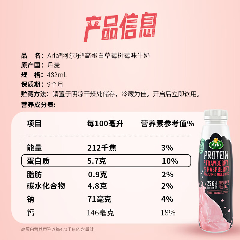 阿尔乐(Arla)丹麦进口 草莓树莓味牛奶 482ml*8 大于25g高蛋白 年货春节礼盒高清大图