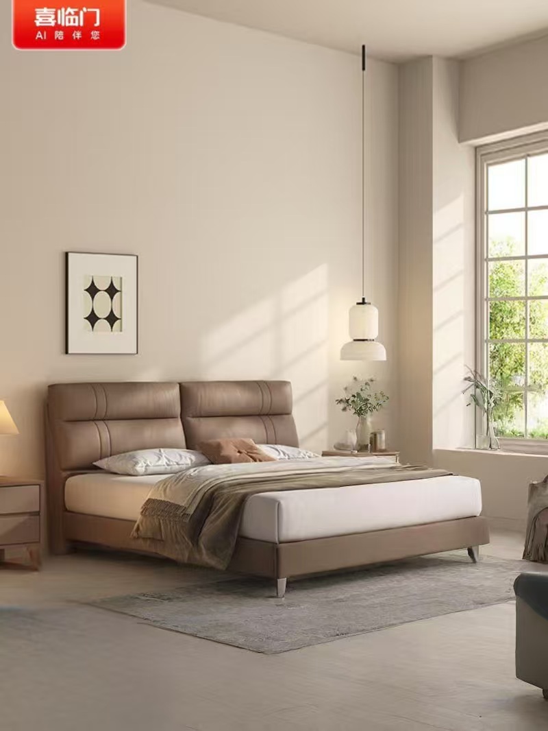 喜临门 - 摩卡皮床 头层牛皮双靠包软床中古风床拖款皮床 双人大床高清大图