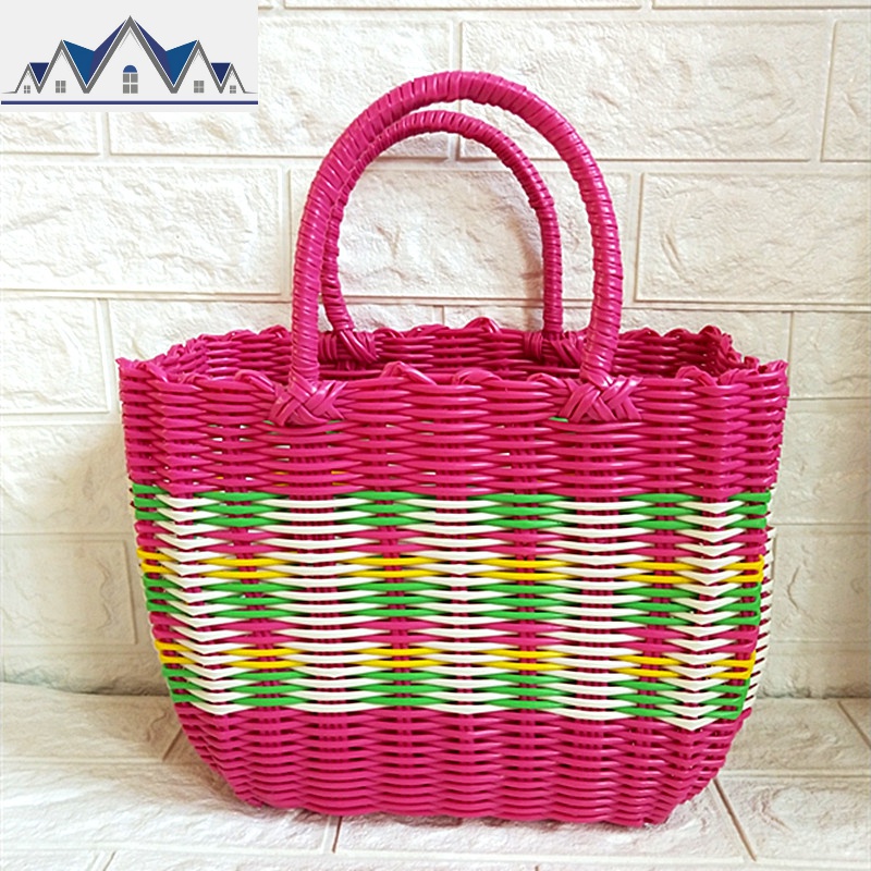 塑料仿藤编织菜篮子手提洗澡采摘篮浴室收纳篓蔬果筐狗狗购物叼篮 三维工匠收纳篮 中号粉色花色提篮