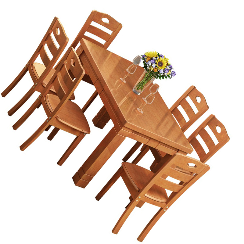 汐实木餐桌海棠色一桌六椅套高清大图