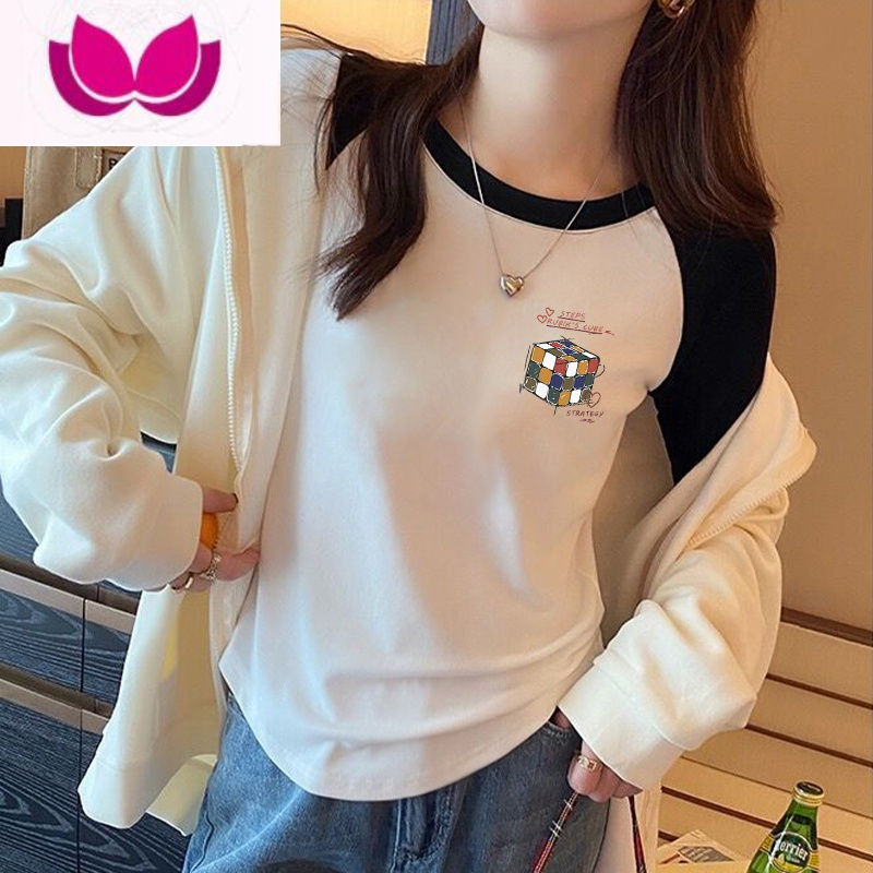 七斓正肩t恤女长袖2023年秋季新款撞色修身打底衫内搭百搭插肩上衣秋