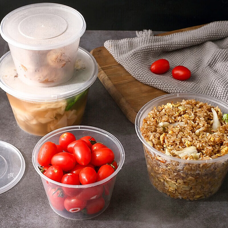 若生活一次性环保食品饭盒打包盒塑料圆形带盖1000ml 300个/件高清大图