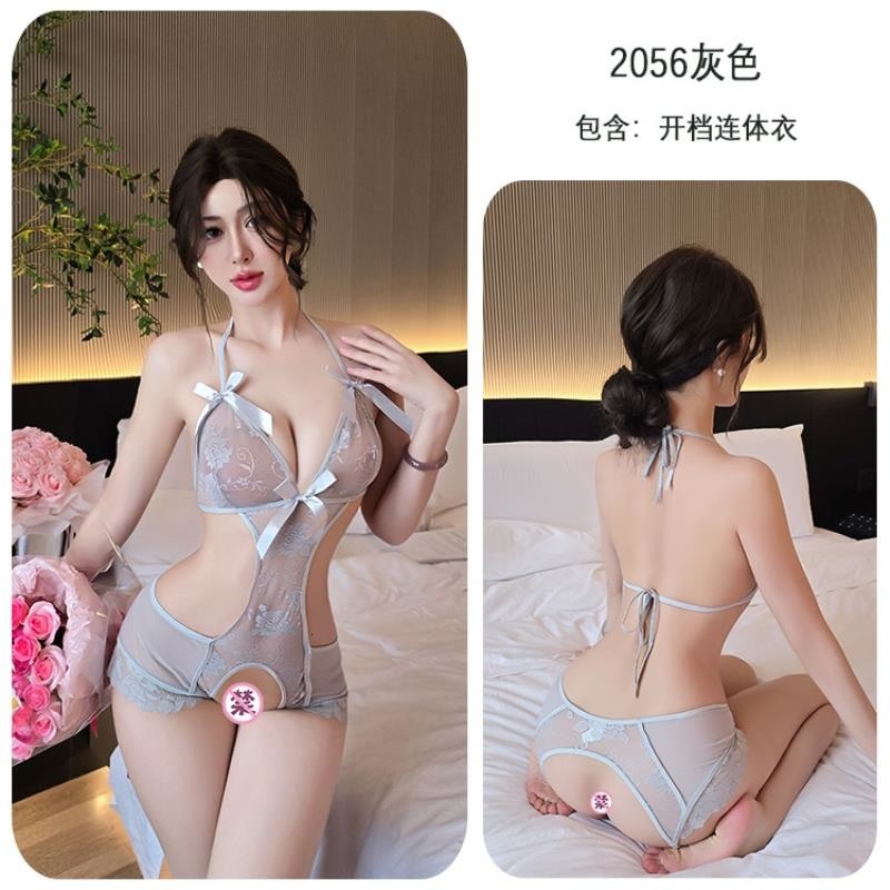 长夜漫漫情趣内衣纯欲蕾丝连体衣性感开裆免脱诱惑制服睡衣女2056 紫色+紫丝袜 均码(80-130斤)