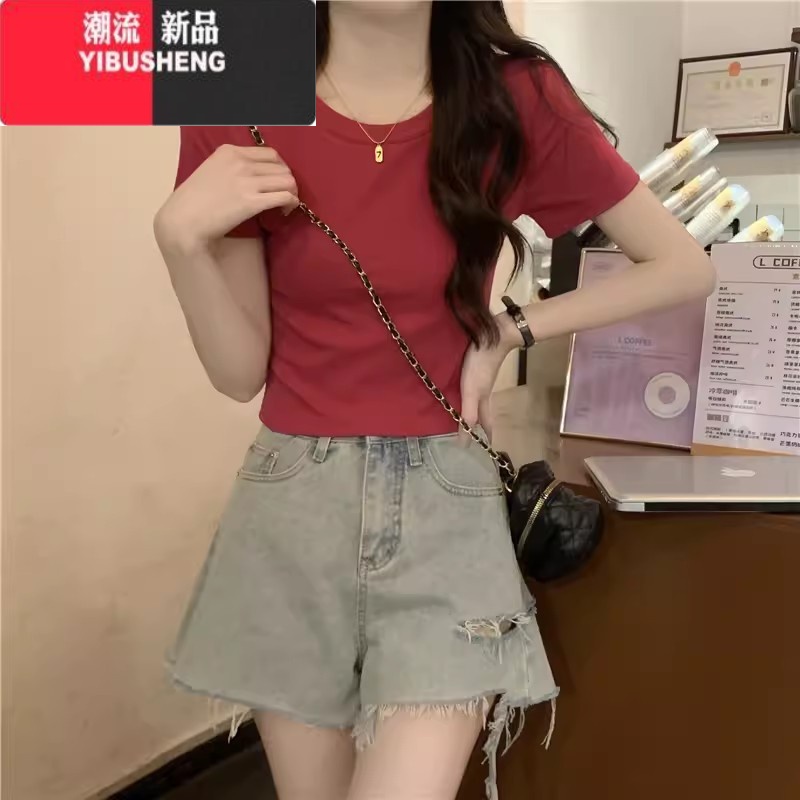 YIBUSHENG圆领正肩粉色t恤女短袖季美式修身短款高腰辣妹纯欲体恤上衣体 XL建议120-130斤 火龙果色纯棉优质版