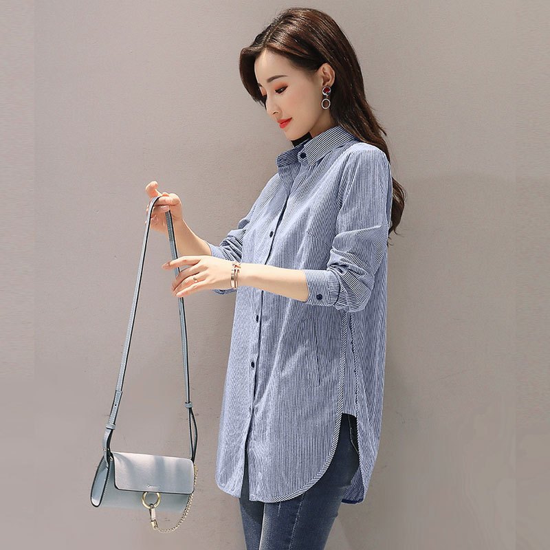 与牧2017秋款条纹中长款白衬衫女长袖上衣胖mm宽松大码休闲衬衣8963