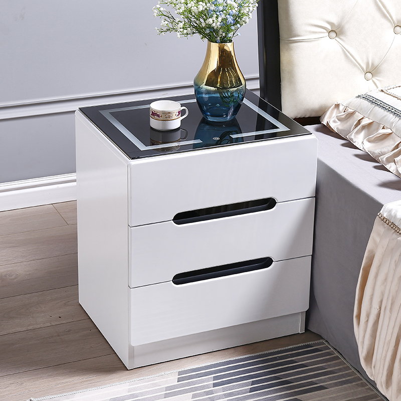 加锁带灯玻璃床头柜简约现代白色烤漆小柜子卧室床边收纳柜储物柜