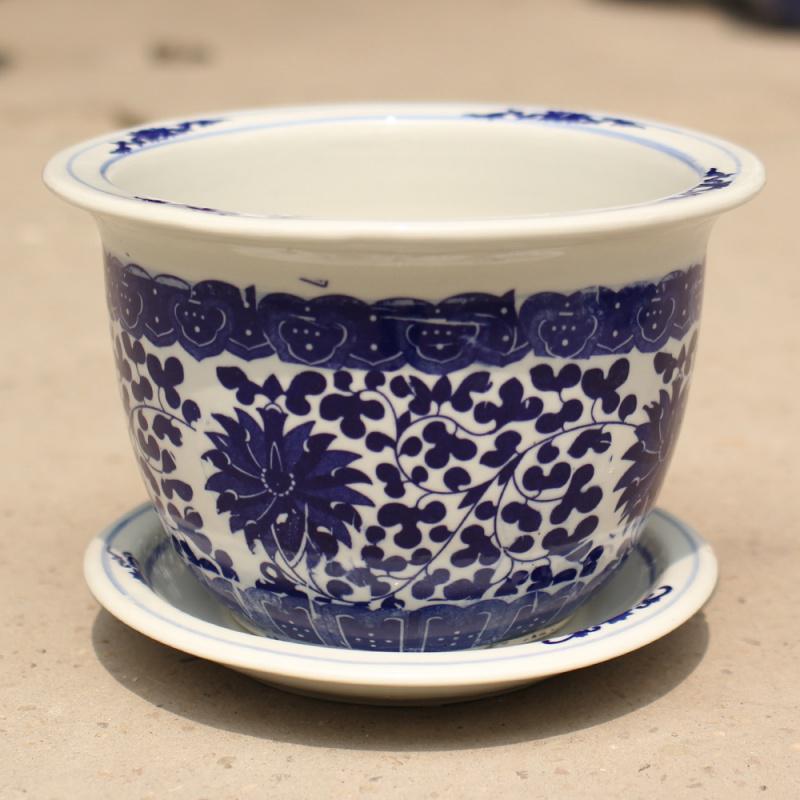 陶瓷花盆带托盘青花瓷花钵阳台水培古达绿植绿萝铁树盆栽 缠枝莲 迷你