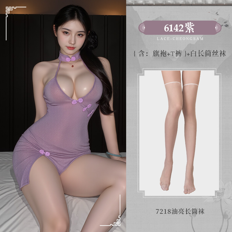 霏慕性感情趣内衣包臀短裙女式情趣睡衣奢香夫人深V斜开襟旗袍大码 ZY6142 特大码紫【旗袍+T裤】+7218白长筒丝袜 均码