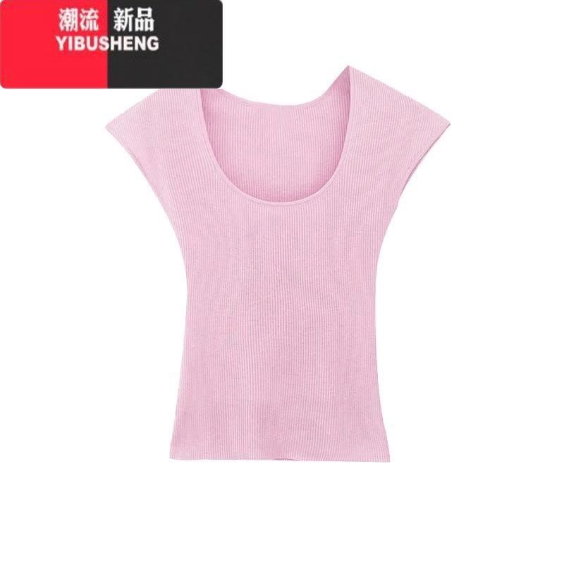 YIBUSHENG紫色u领正肩针织短袖t恤女季独特别致修身小上衣小众设计感绝美图片