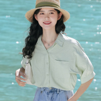 绿色条纹衬衫女2022夏季清新设计感显瘦衬衣韩版chic宽松短袖上衣