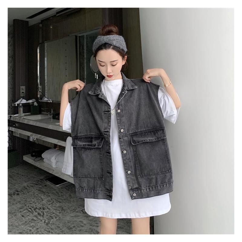 夏季牛仔马甲女新款韩版翻领马甲上衣潮休闲百搭宽松无袖牛仔外套