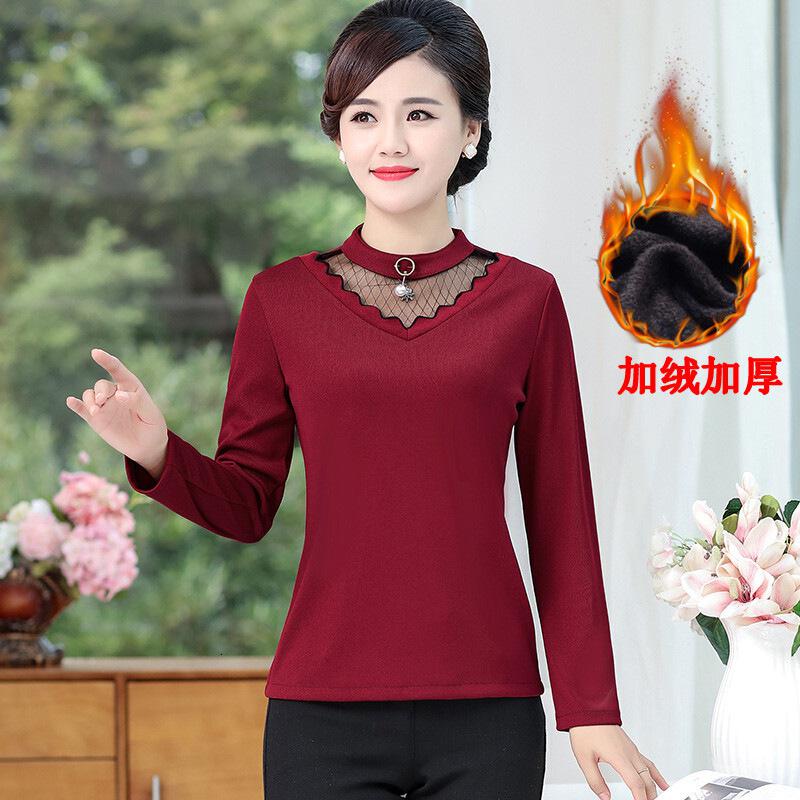 迪鲁奥(DILUAO)中年女装妈妈装加绒针织打底衫2021新款秋冬装中老年保暖上衣新款女装