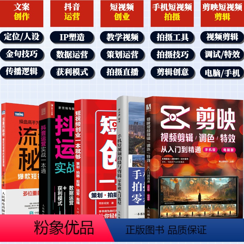 [正版]套装5册剪映视频剪辑+手机短视频拍摄与剪辑零基础入门教程+短视频创业一本就够+抖音运营实战一本通+流量的秘密爆